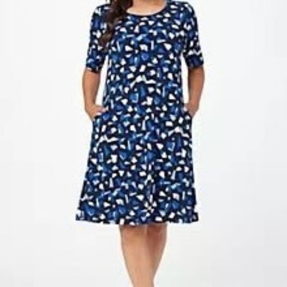 Susan Graver Dress XL Fit & Flare Geometric Navy w/ Perriwinkle Cobalt White